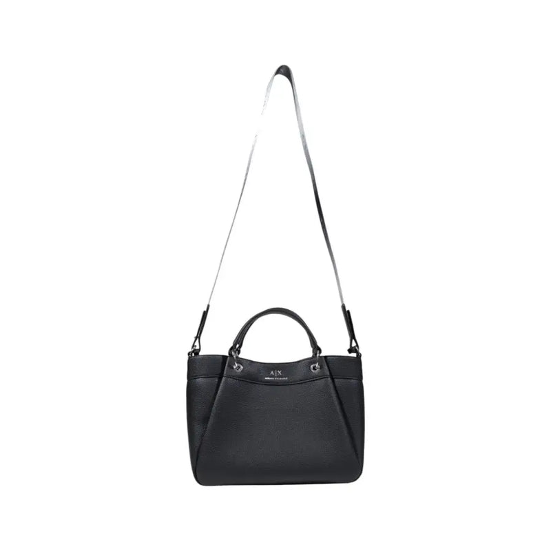 Armani Exchange black textured leather handbag with silver adjustable shoulder strap and top handles