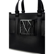 Black Armani Exchange tote bag in textured polyurethane with shoulder strap and prominent metallic logo plaque