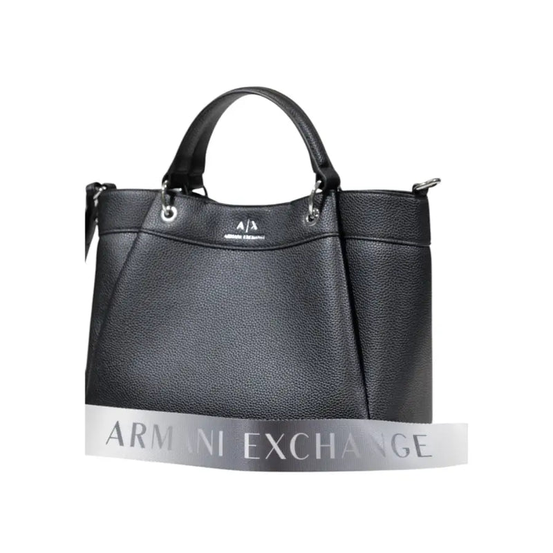 Armani Exchange black pebbled leather tote bag with top handles and silver-tone hardware with shoulder strap