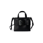 Armani Exchange black polyurethane handbag with prominent metallic logo plaque and adjustable shoulder strap