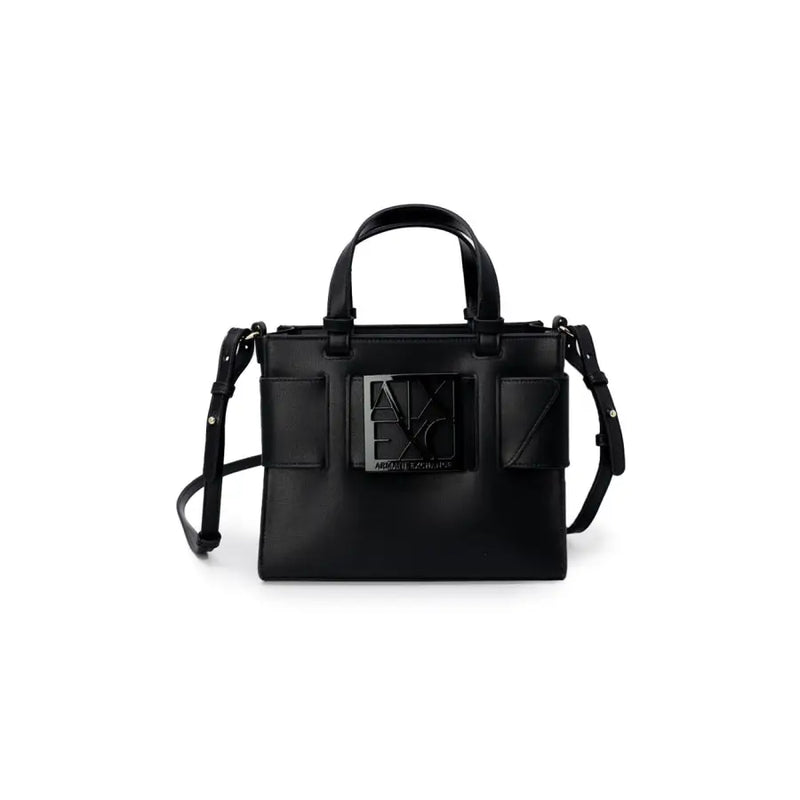 Armani Exchange black polyurethane handbag with prominent metallic logo plaque and adjustable shoulder strap