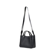 Armani Exchange black textured leather shoulder bag with silver-toned logo strap and polyurethane material