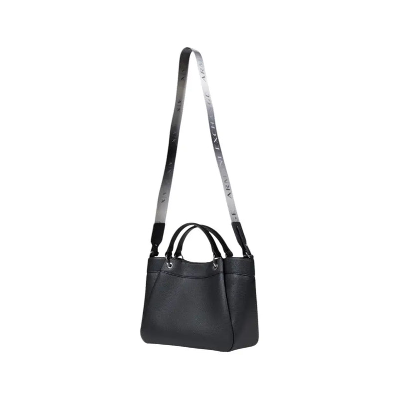 Armani Exchange black textured leather shoulder bag with silver-toned logo strap and polyurethane material