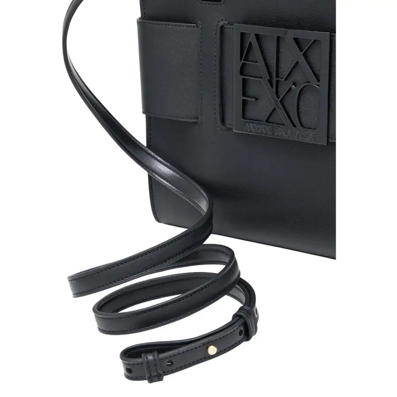 Armani Exchange black polyurethane crossbody handbag with shoulder strap and embossed axe logo plaque on front