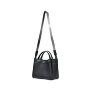 Armani Exchange black textured leather handbag with contrasting silver-striped shoulder strap featuring repeating text