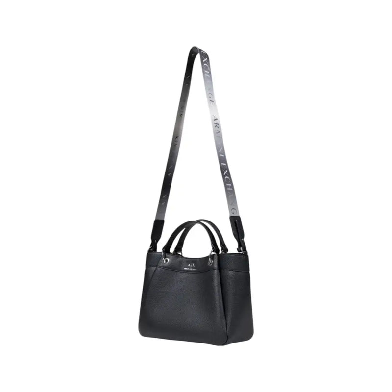 Armani Exchange black textured leather handbag with contrasting silver-striped shoulder strap featuring repeating text
