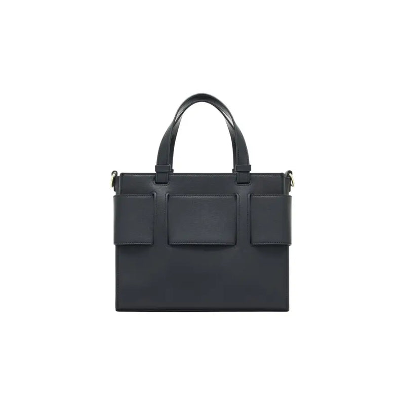 Armani Exchange black polyurethane handbag structured tote bag with shoulder strap and three front flap pockets