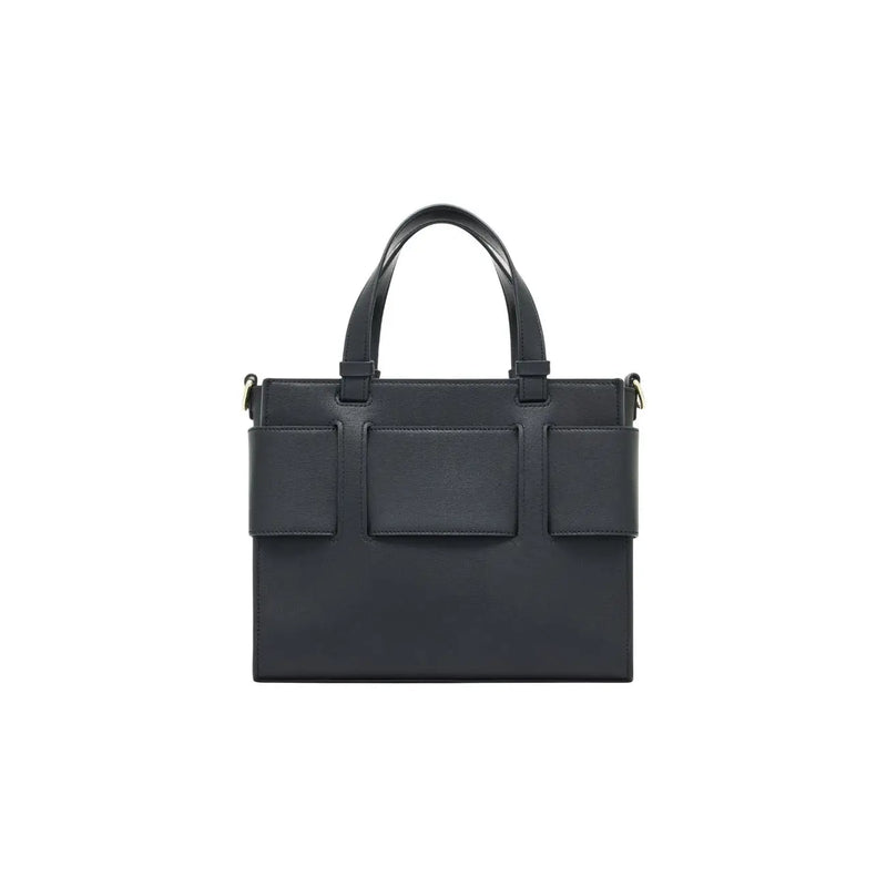 Armani Exchange black polyurethane handbag structured tote bag with shoulder strap and three front flap pockets