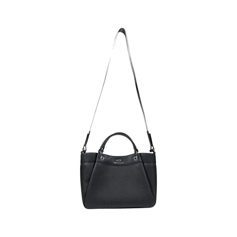 Armani Exchange black textured leather handbag with silver adjustable shoulder strap and top handles