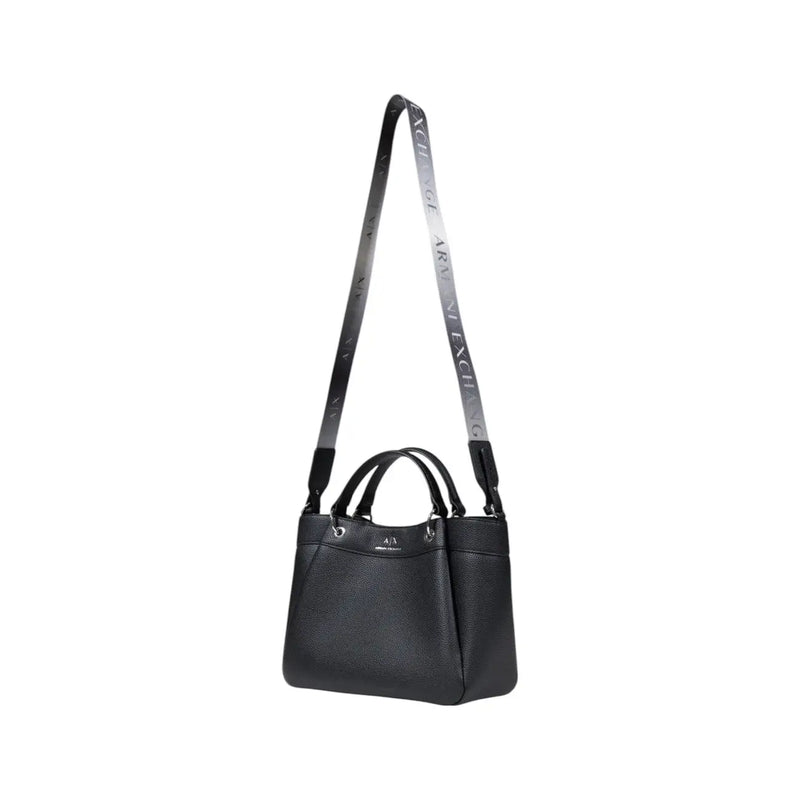 Armani Exchange black textured leather handbag with contrasting silver-striped shoulder strap featuring repeating text