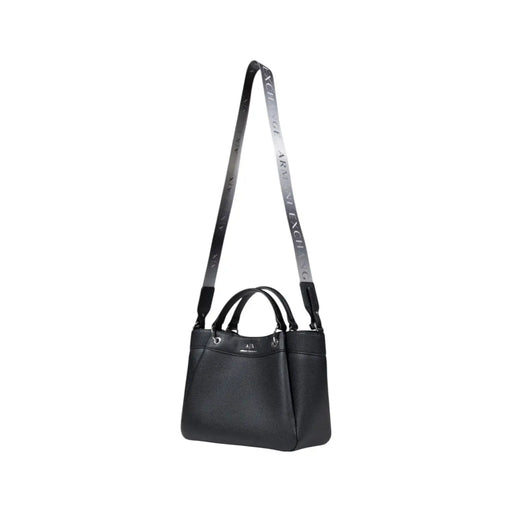 Armani Exchange black textured leather handbag with contrasting silver-striped shoulder strap featuring repeating text