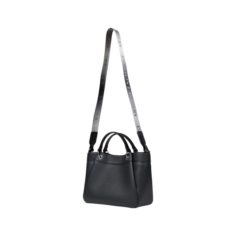 Armani Exchange black textured leather shoulder bag with silver-toned logo strap and polyurethane material