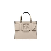 Armani Exchange Sac à main en cuir beige avec anses noires et plaque logo Axe