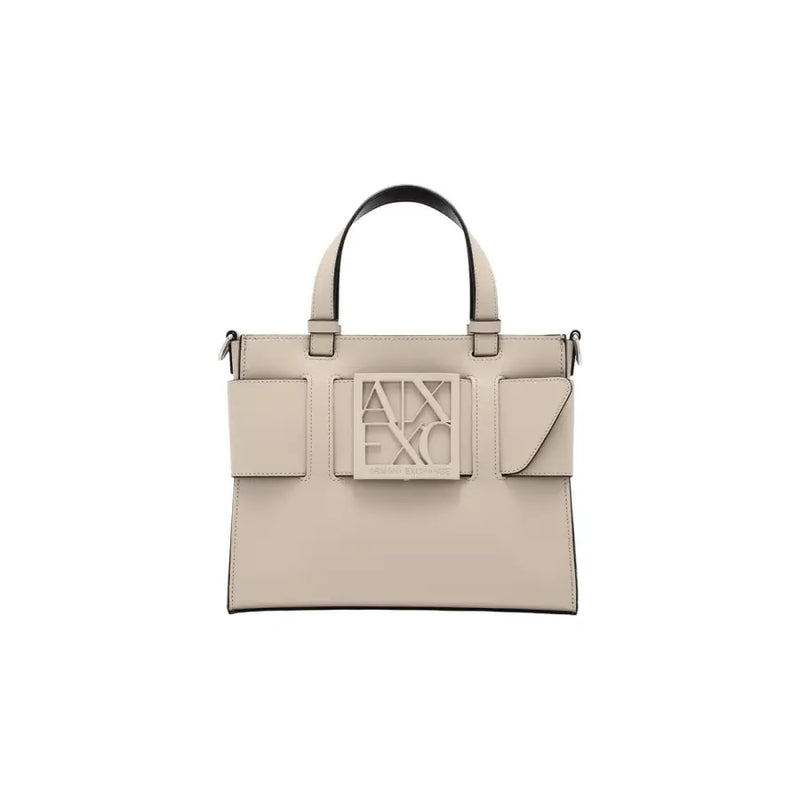Armani Exchange Sac à main en cuir beige avec anses noires et plaque logo Axe