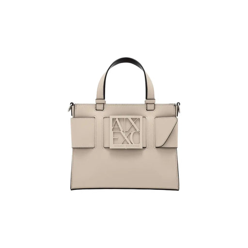 Armani Exchange beige leather handbag with black handles and axe logo plaque