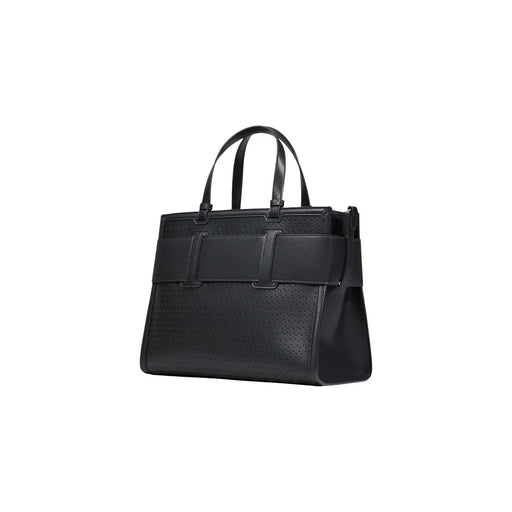 Armani Exchange black polyurethane handbag with zip pocket featuring perforated detailing and structured design