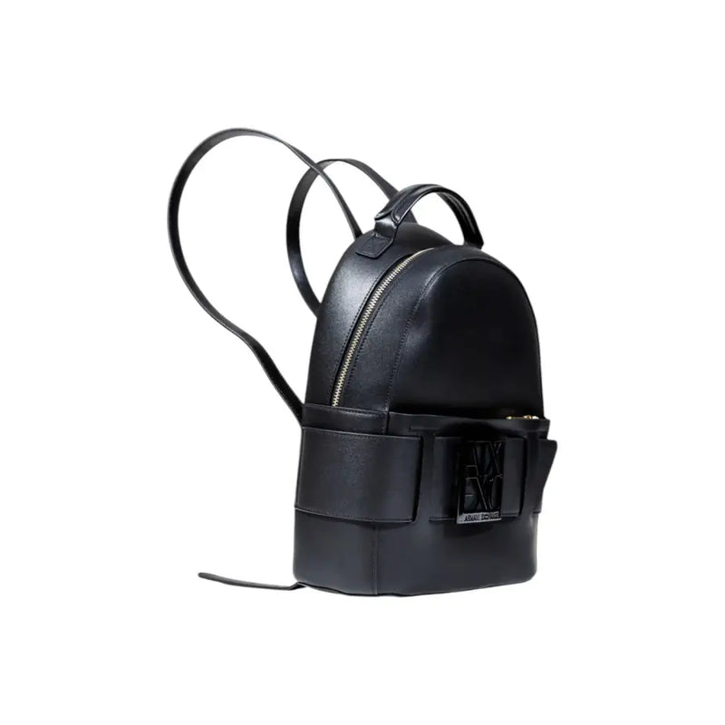 Armani Exchange black polyurethane rucksack for women with prominent bow detail and metallic logo plaque