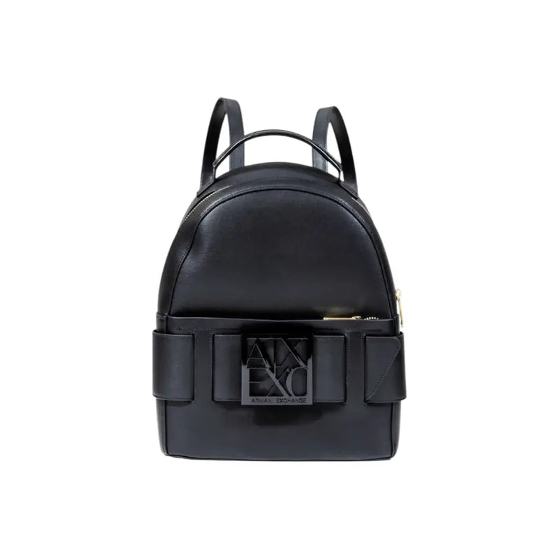 Armani Exchange black polyurethane mini backpack with rectangular logo plaque and gold-tone zipper accents for women