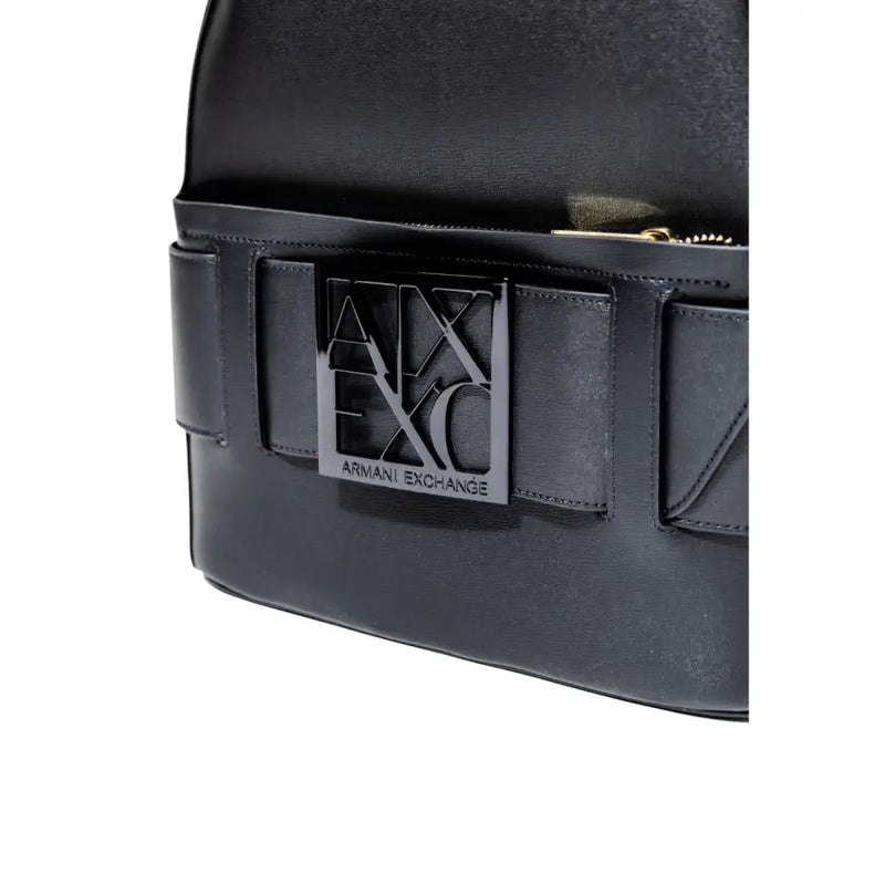 Armani Exchange black polyurethane rucksack for women with black leather and prominent metallic logo plaque