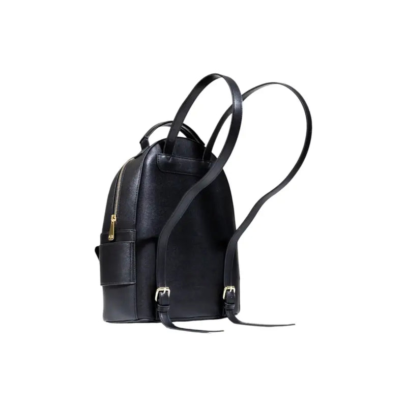 Armani Exchange black polyurethane rucksack for women featuring black leather with gold-tone zippers and buckles