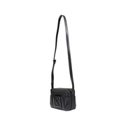 Armani Exchange black leather crossbody bag with structured rectangular shape and embossed logo on the front