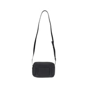 Armani Exchange black polyurethane zip bag for women with minimalist rectangular design and adjustable strap