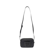 Armani Exchange black polyurethane crossbody bag for women with a prominent embossed logo on the front