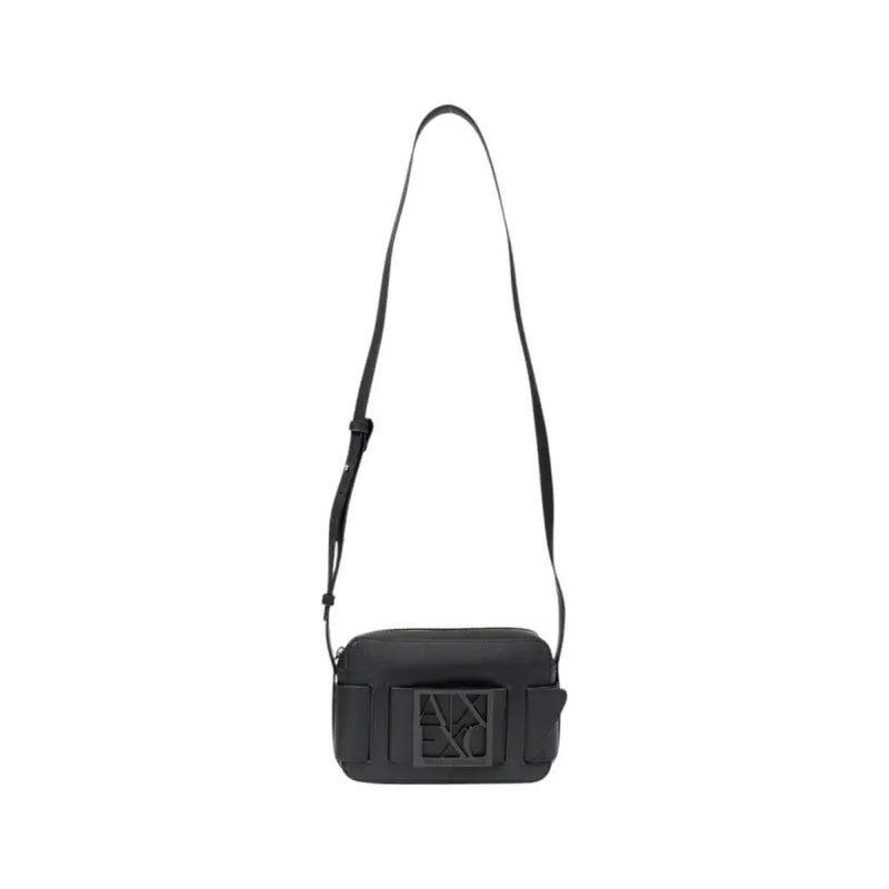 Armani Exchange black polyurethane crossbody bag for women with a prominent embossed logo on the front