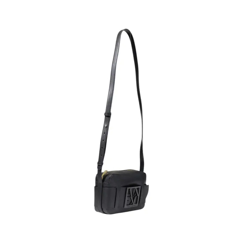 Armani Exchange black leather crossbody bag for women with prominent embossed logo on the front