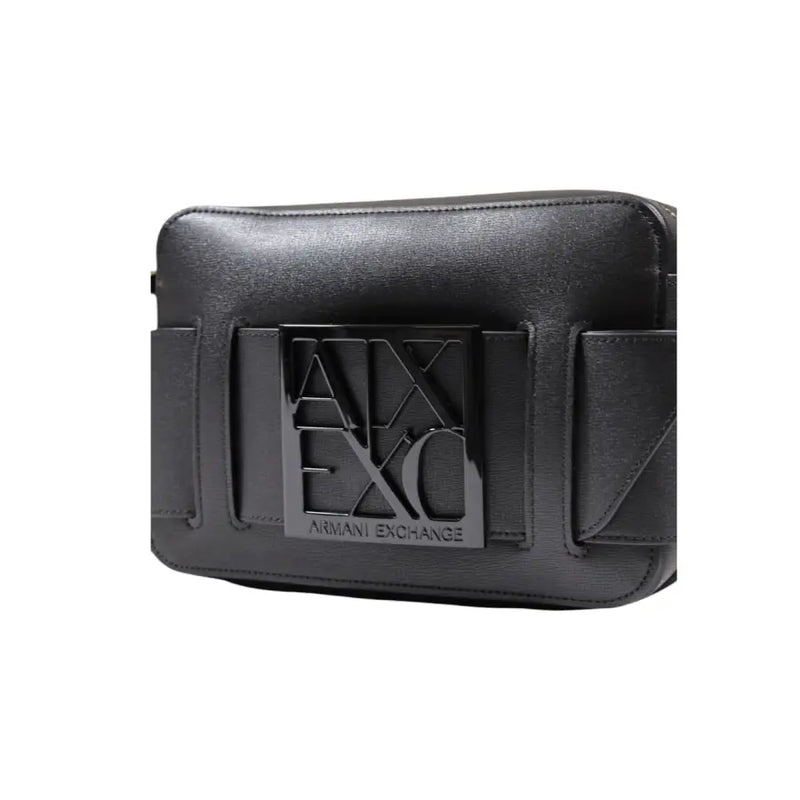 Armani Exchange black polyurethane belt bag for women with textured leather finish and metallic logo plaque