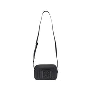 Armani Exchange black polyurethane crossbody bag for women with a prominent embossed logo on the front