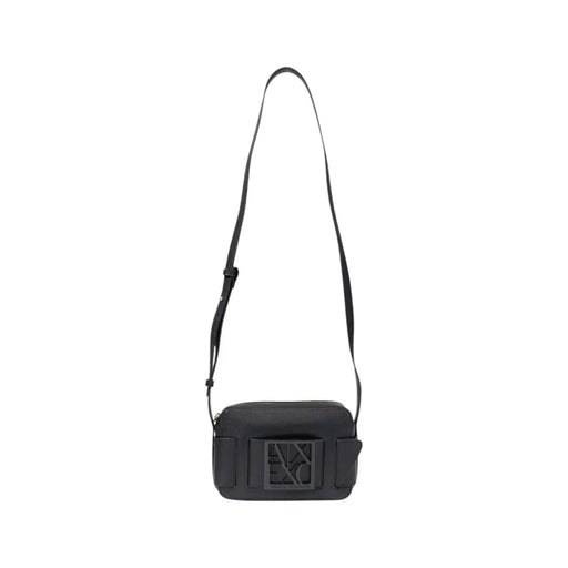 Armani Exchange black polyurethane crossbody bag for women with a prominent embossed logo on the front