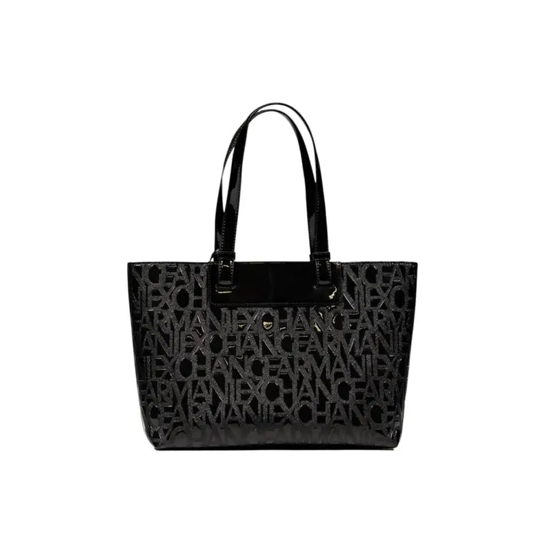 Armani Exchange black patent leather tote bag with repeating exchange logo pattern and zip pockets