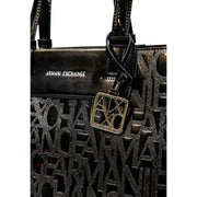Armani Exchange black tote bag with glossy patent leather top panel and embossed logo pattern with zip pockets