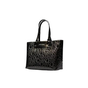 Armani Exchange black glossy tote bag with embossed logo pattern and matching handles featuring zip pockets