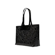 Armani exchange black patent leather tote bag with bold repeating matte monogram pattern and zip pockets