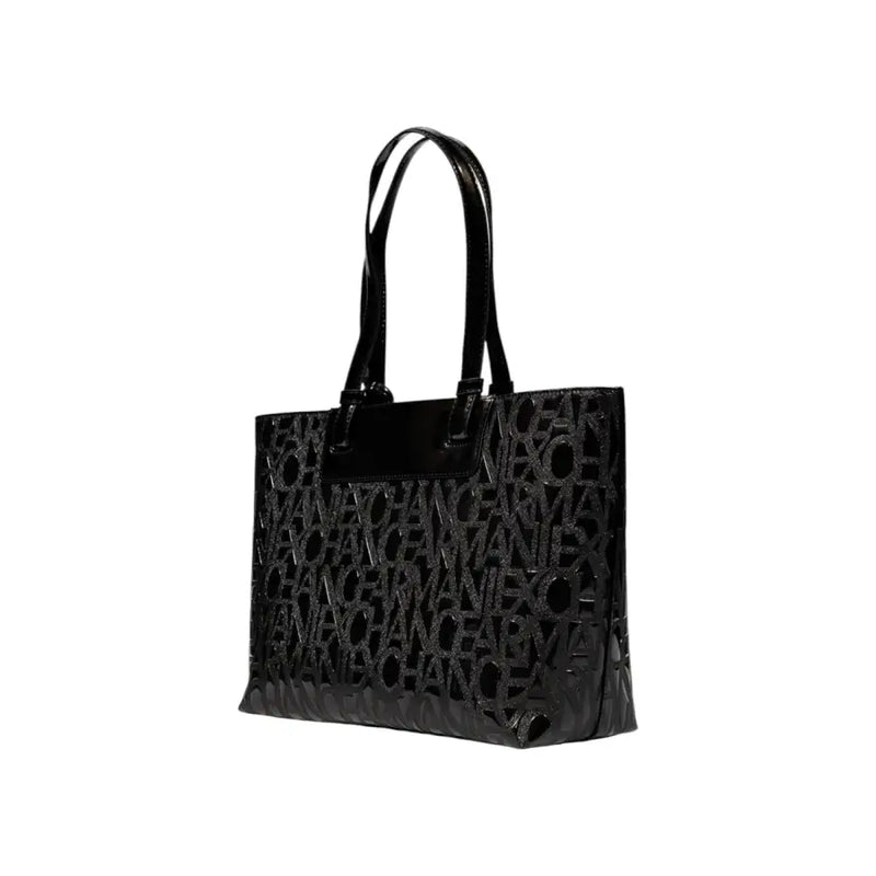Armani exchange black patent leather tote bag with bold repeating matte monogram pattern and zip pockets