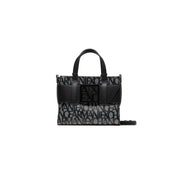 Armani Exchange black print polyurethane handbag with strap featuring structured design and repeating logo print