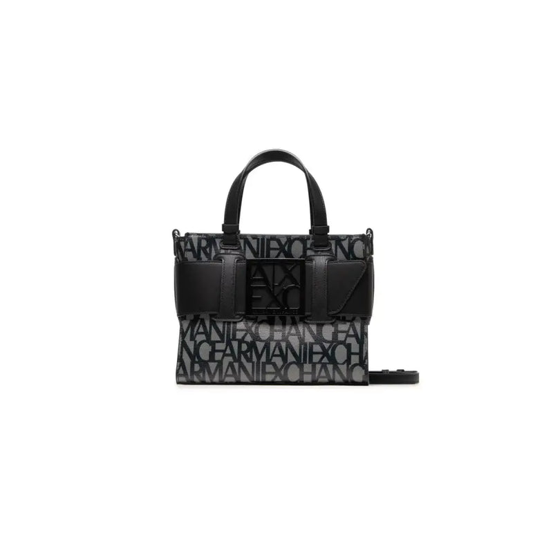 Armani Exchange black print polyurethane handbag with strap featuring structured design and repeating logo print