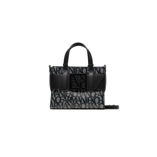 Armani Exchange black print polyurethane handbag with strap featuring structured design and repeating logo print