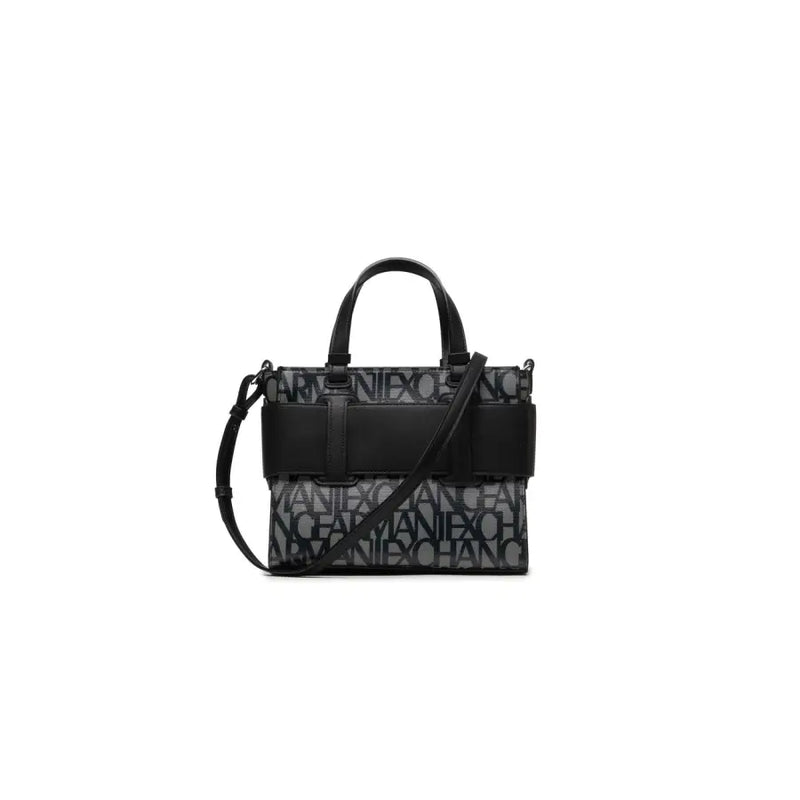 Armani Exchange black print polyurethane handbag with strap featuring structured design and repeating monogram pattern