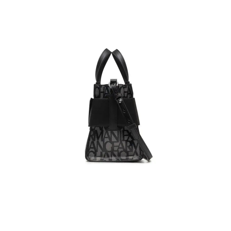 Armani Exchange black polyurethane handbag with bold mania logo print on transparent panel and structured top handles