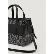 Armani Exchange black leather-trimmed handbag with dark gray monogram pattern on polyurethane body and strap