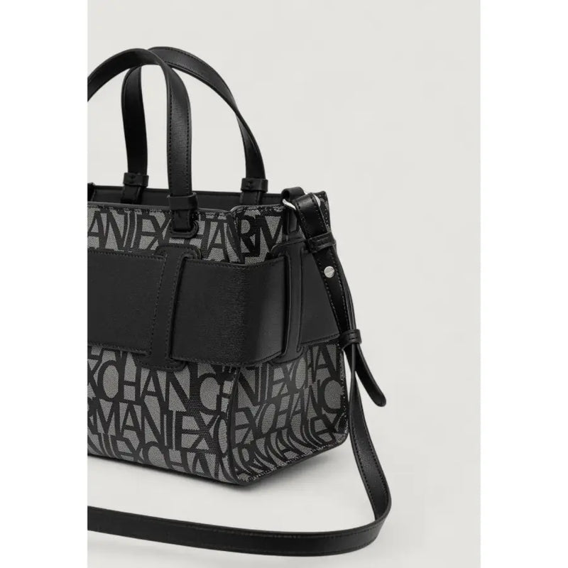 Armani Exchange black leather-trimmed handbag with dark gray monogram pattern on polyurethane body and strap