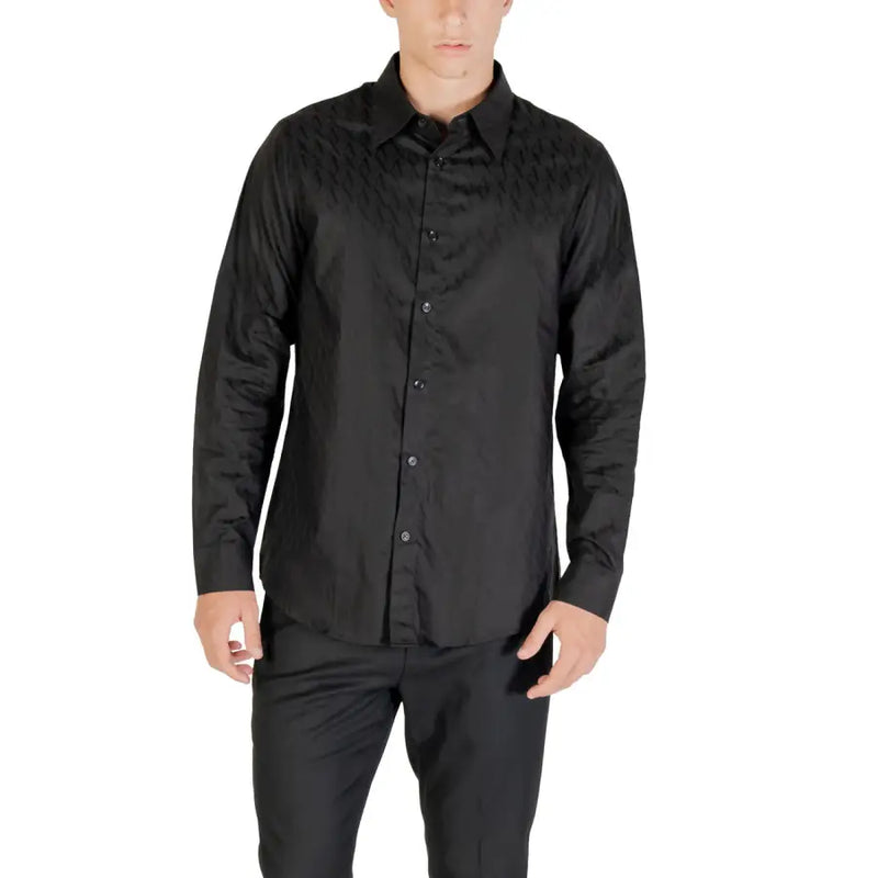 Men’s black long-sleeve Armani Exchange shirt with subtle shoulder pattern detailing