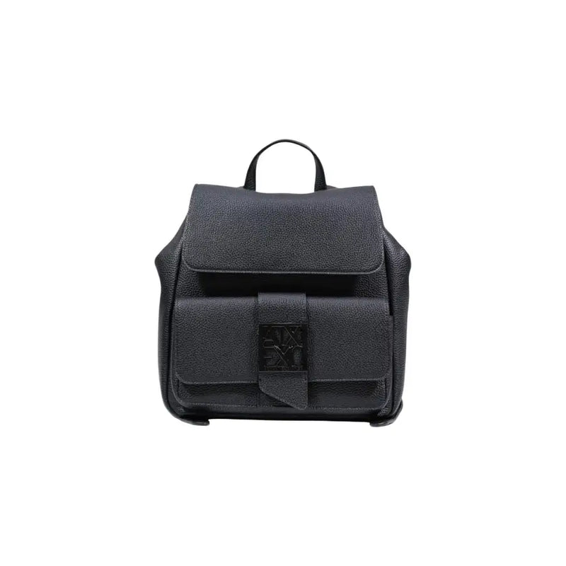 Armani Exchange black textured leather backpack with central logo plaque and multiple pockets for women