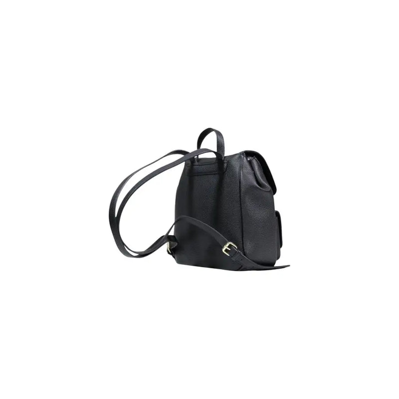 Black textured leather Armani Exchange rucksack for women with adjustable straps and gold-tone buckle pockets