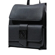 Armani Exchange black women’s rucksack made of textured leather with a prominent embossed logo plaque and pockets