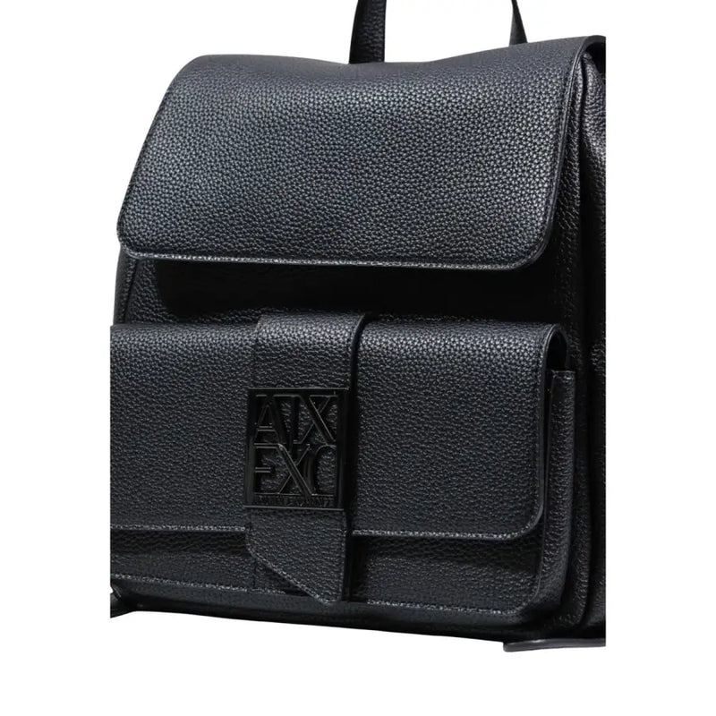 Armani Exchange black women’s rucksack made of textured leather with a prominent embossed logo plaque and pockets