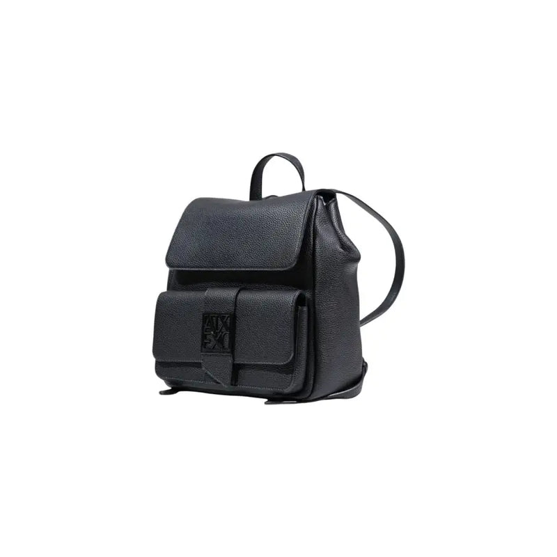 Armani Exchange black rucksack for women made of textured leather with minimalist design and embossed logo on front flap